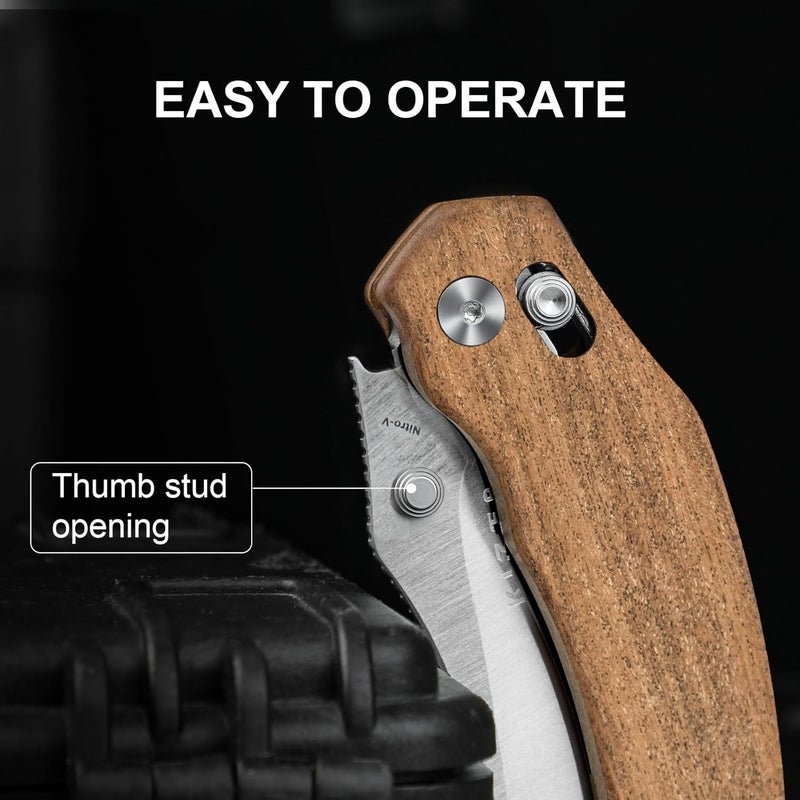 KIZER Bulldog Pocket Knife, 3 In Nitro V Blade Folding Knife Mkuruti Wood Handle Camping Hunting Knife with Reversible Clip, Clutch Lock Small EDC Knives for Men Women V3672A2 - Image 4